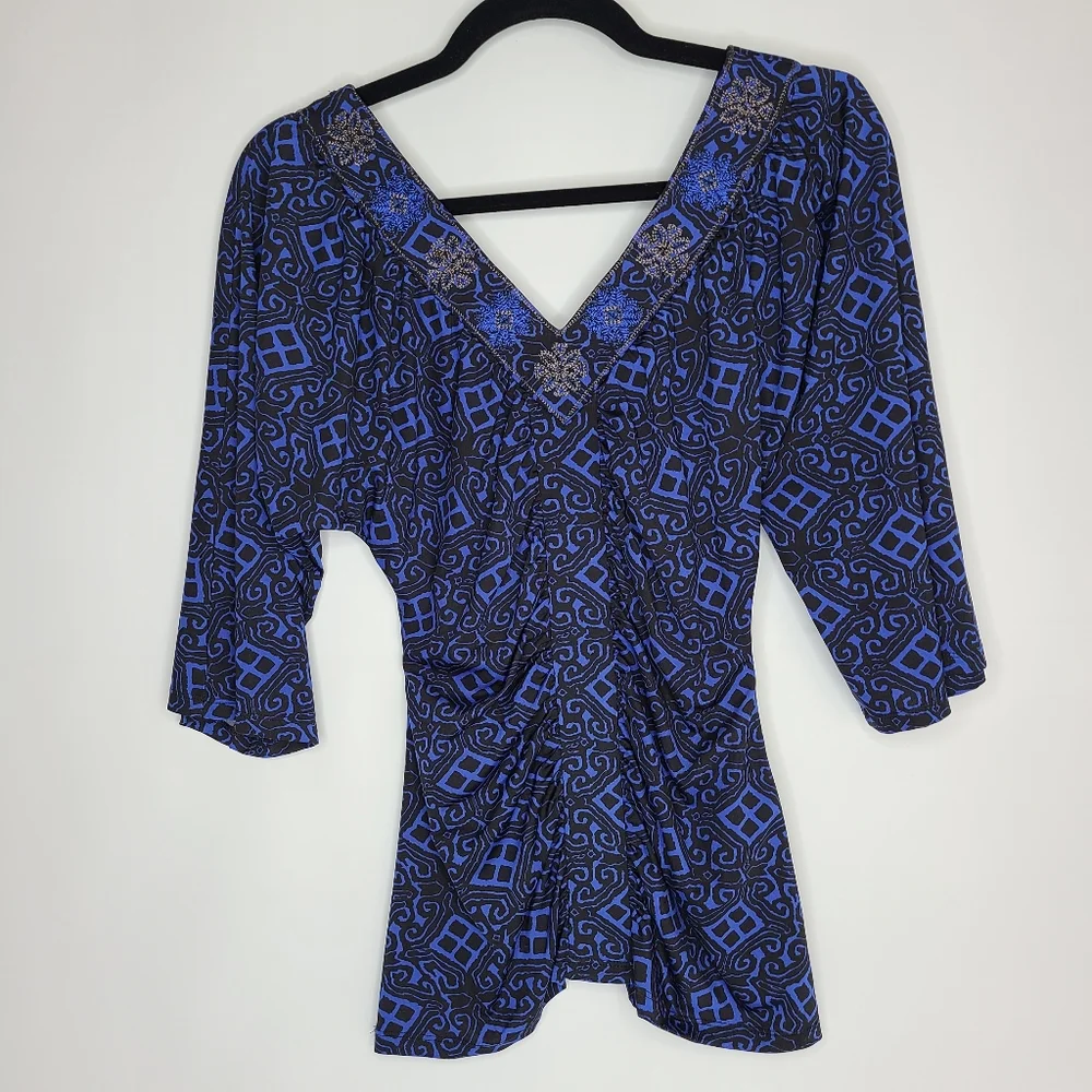 INC Top 3/4 Sleeve V-Neck Stretchy Blue Black Funky Size Small_6